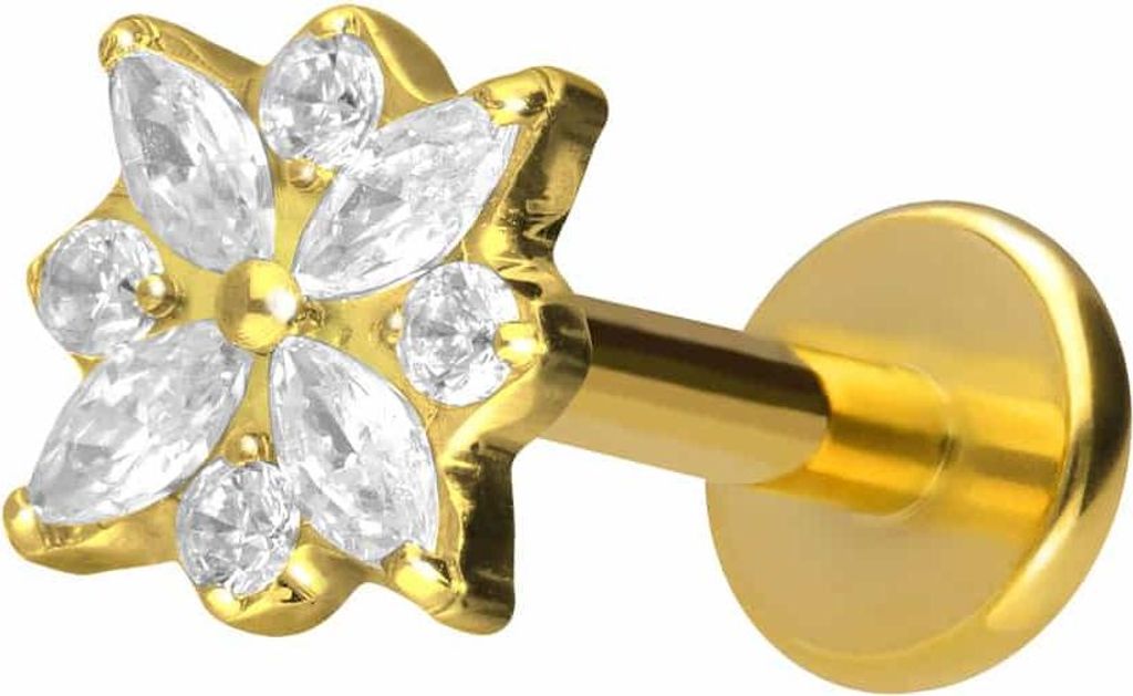 Ohrpiercing, Nasenpiercing Titan Labret mit Push Fit KRISTALLBLUME Gold Stablänge: 9mm | Stabstärke: 1,2mm