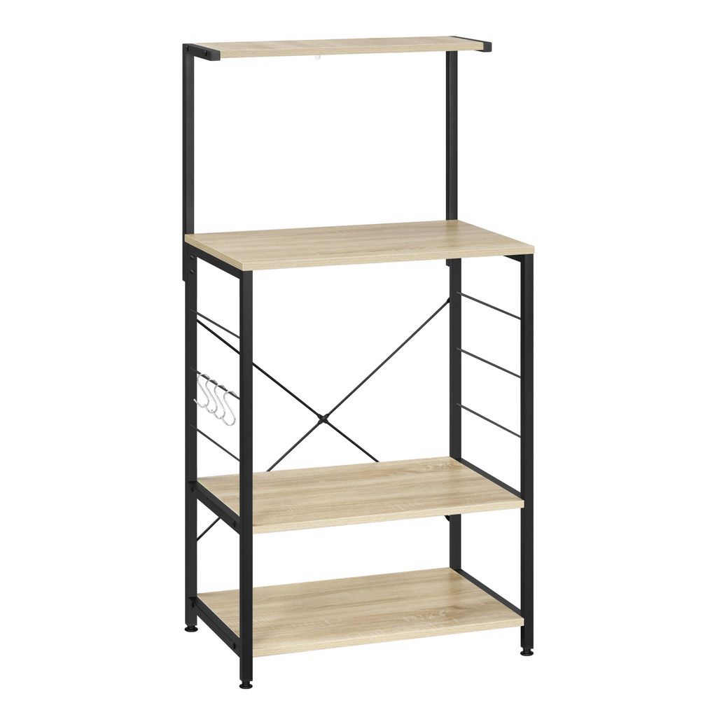 A freestanding kitchen shelf unit with multiple shelves and a metal frame.