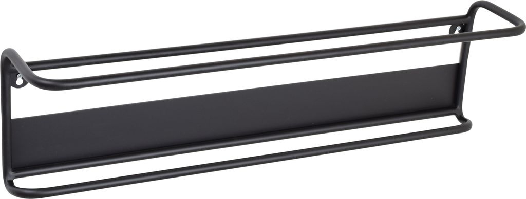 A black metal wall-mounted shelf, appearing empty.
