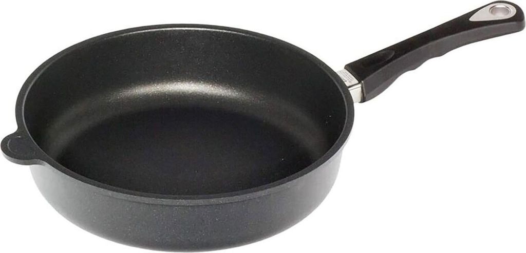 A black frying pan with a black handle is shown against a white background.