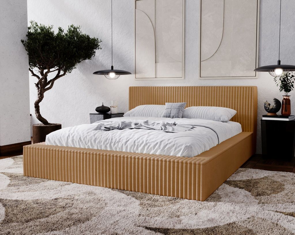 Doppelbett 180x200 Buffy - Bett mit Dicker Schaum, Bettkasten - Design Polsterbett Orange