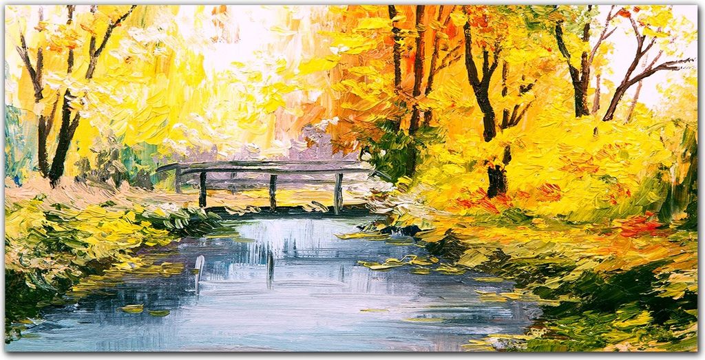 Coloray Bild aus Glas 140x70 glasblock mit bild gehärtetes Glas wohnzimmer Küche Dekoration wanddekoration - Wald-Fluss-Brücke Natur