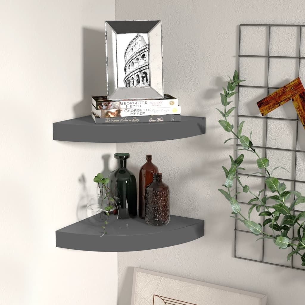 The Living Store Eck-Schweberegale 2 Stk. Hochglanz-Grau 25x25x3,8 cm MDF