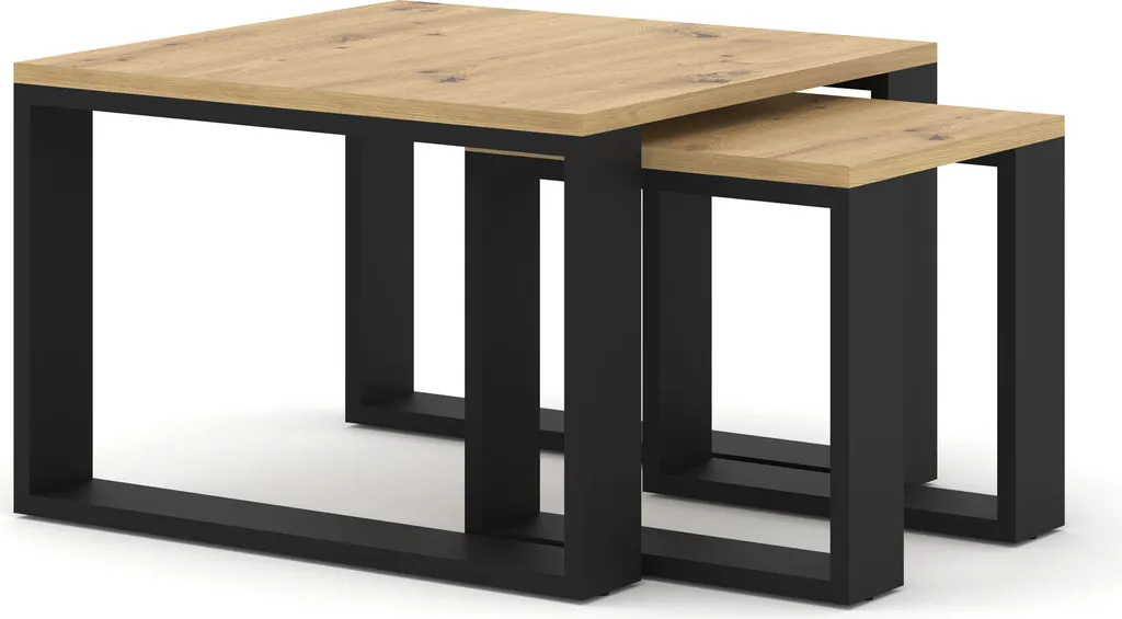 Table basse double Nuka M 60x60 cm chêne Artisan et noir style industriel