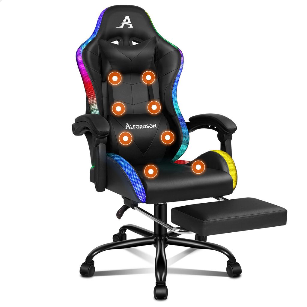 A black gaming chair with LED lighting and a footrest, shown from a front-diagonal angle against a white background.