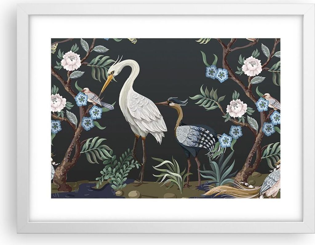 Gerahmtes Poster - Weißer Rahmen - Asiatisch Reiher Blumen - 40x30 cm - Wand Bild - Wanddeko - Wandbilder - Kunstposter - Wandposter - Bilderrahme...