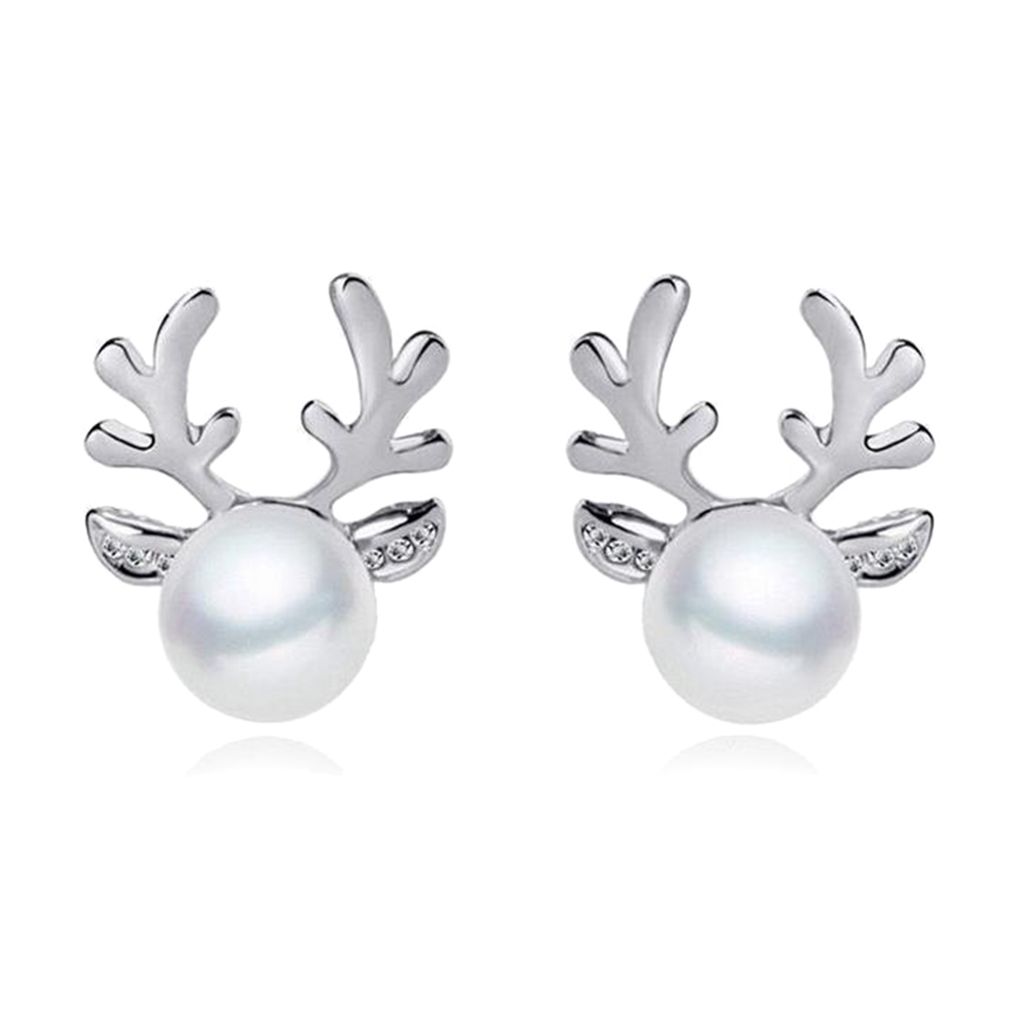 Kunstperlen eingelegte Weihnachts-Hirschgeweih-Halskette, Ohrringe, Damenschmuck, Geschenk-Silberner Ohrring