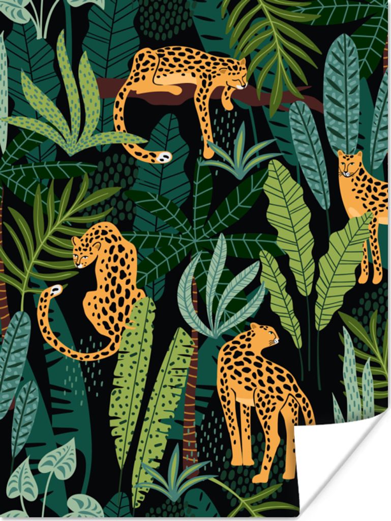 MuchoWow Poster Dschungel - Panther - Muster - Jungen - Mädchen - Pflanzen 90x120 cm - Wohnzimmer