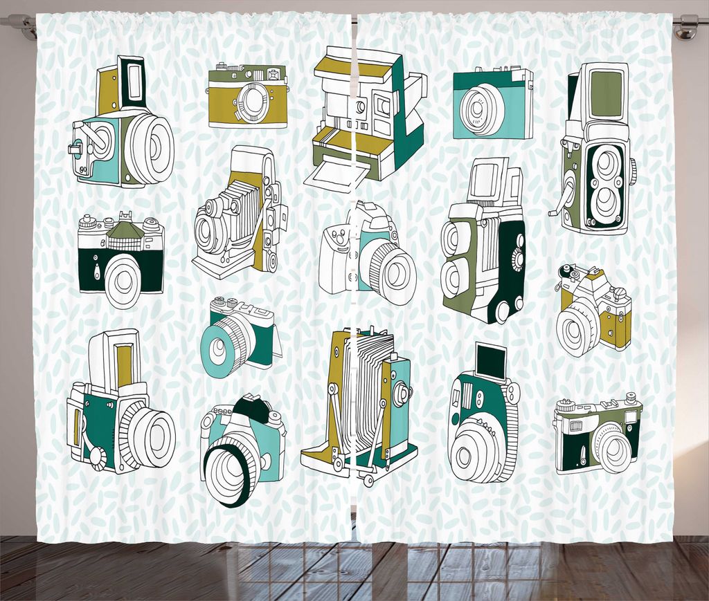 ABAKUHAUS Paparazzi Rustikaler Gardine, Verschiedene Vintage-Kameras, Schlafzimmer Kräuselband Vorhang mit Schlaufen und Haken, 280 x 225 cm, Sea ...