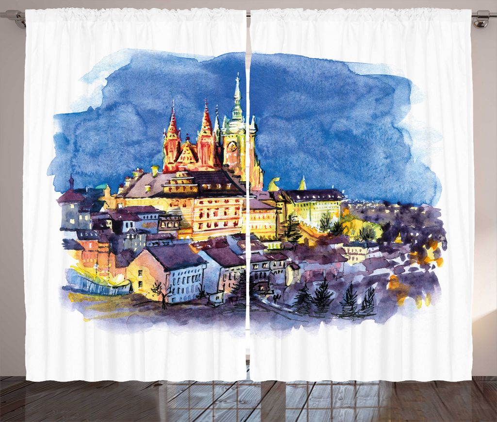 ABAKUHAUS Reise Rustikaler Gardine, Prager Burg Hradschin Szene, Wohnzimmer Universalband Gardinen mit Schlaufen und Haken, 280 x 225 cm, Azure Bla...