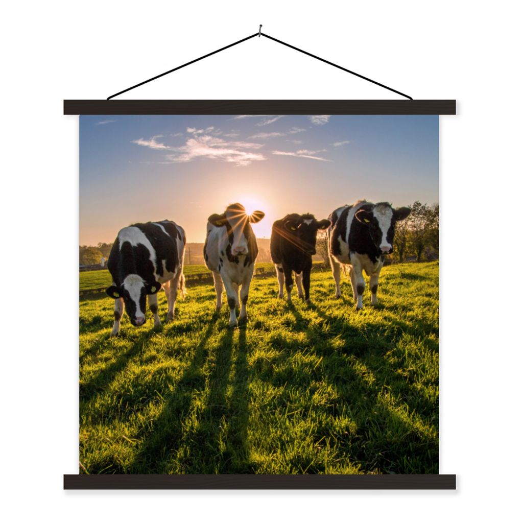 MuchoWow Textilposter Kühe - Sonne - Gras - Tiere - Bauernhof 120x120 cm mit schwarzem Rahmen - Aufhängungsset