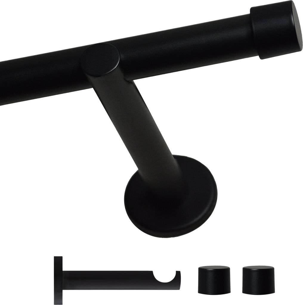 A black curtain rod and its mounting bracket are shown against a white background. Below the main rod assembly, a separate bracket and two end caps are displayed.