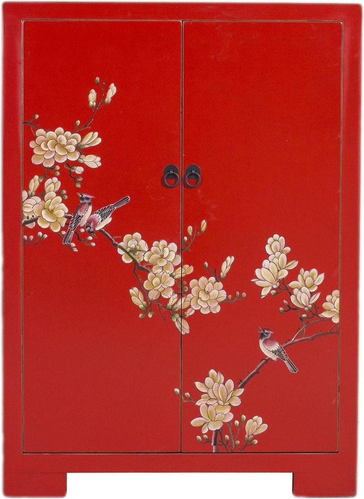 Fine Asianliving Armadio cinese Fiori rossi dipinti a mano Immagine del prodotto 