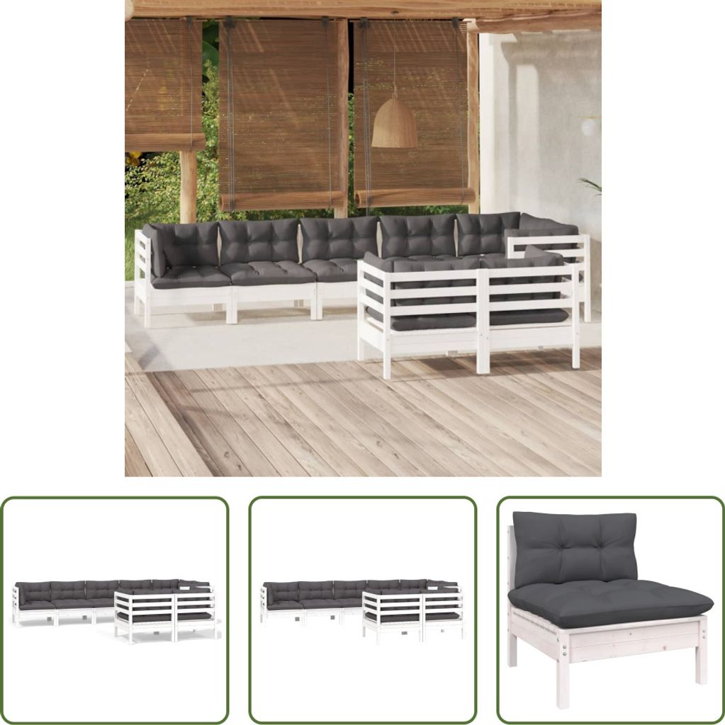 The Living Store 8-tlg. Garten-Lounge-Set mit Kissen Weiß Kiefer Massivholz