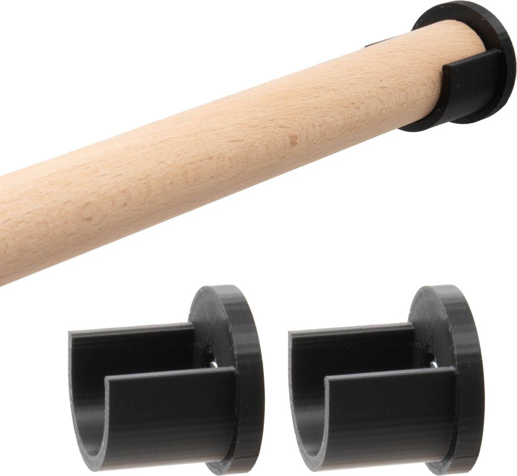 A wooden rod is held by a black bracket, with two other black brackets below.