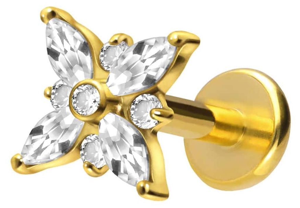 Ohrpiercing, Nasenpiercing Titan Labret mit Push Fit KRISTALLSTERN Gold Stablänge: 7mm | Stabstärke: 1,2mm