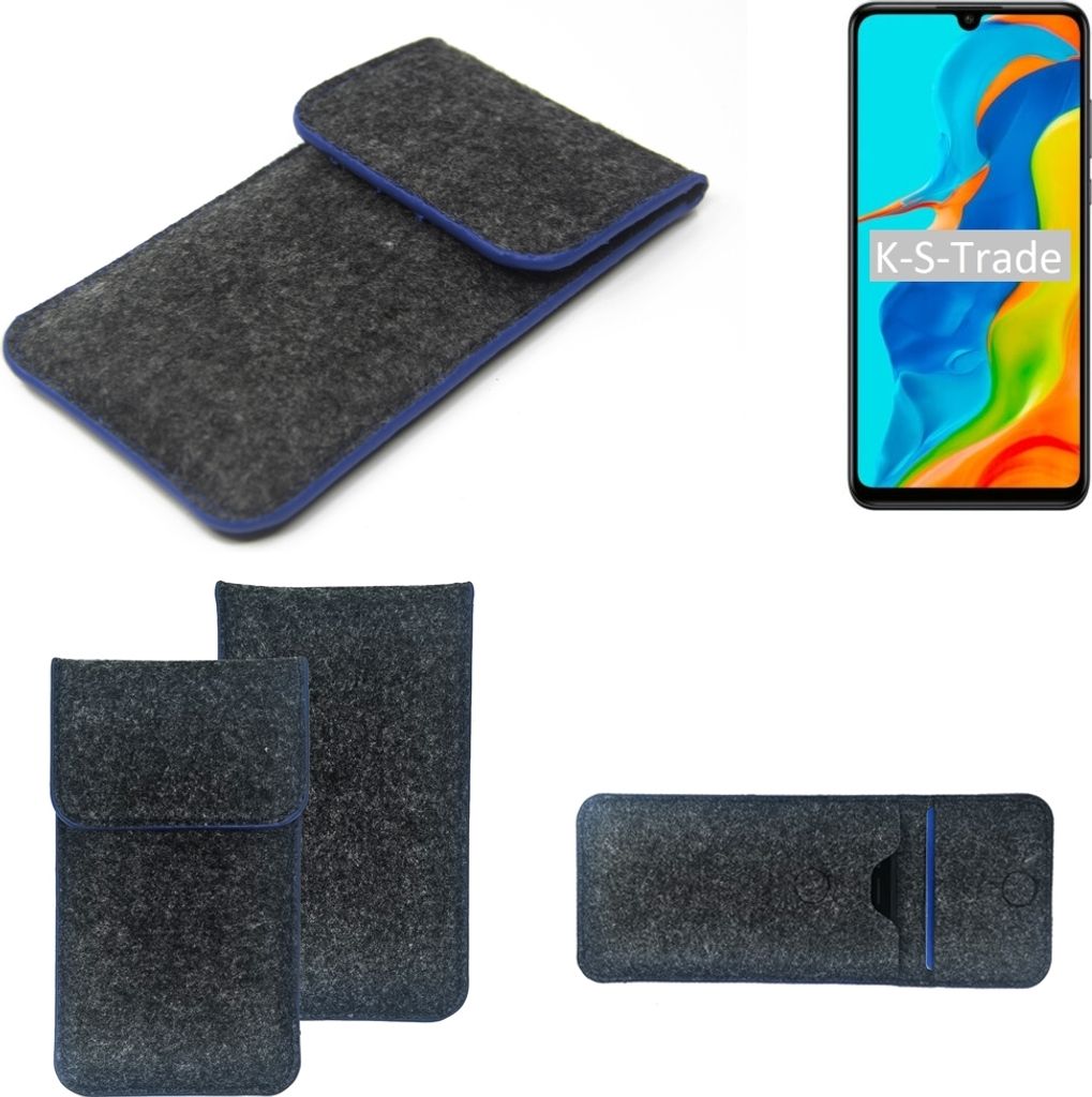 K-S-Trade Handy-Hülle Schutz-Hülle kompatibel mit Huawei P30 lite New Edition Filztasche Pouch Tasche Case Sleeve Filzhülle dunkelgrau, blauer Rand