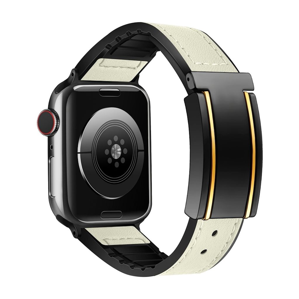 Für Apple Watch SE 2023 44mm Hochwertiges Kunstleder / Silikon Magnetschnalle Ersatz Arm Band Beige