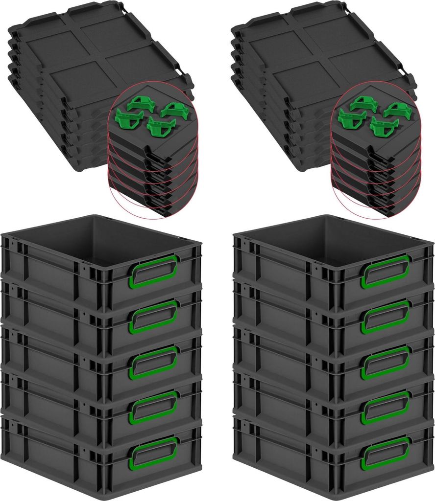 SparSet 10x Eurobox NextGen Color mit Auflagedeckel und Schiebeschnappverschlüsse | HxBxT 12x30x40cm | 11 Liter | Schwarz | Griffe grün geschloss...