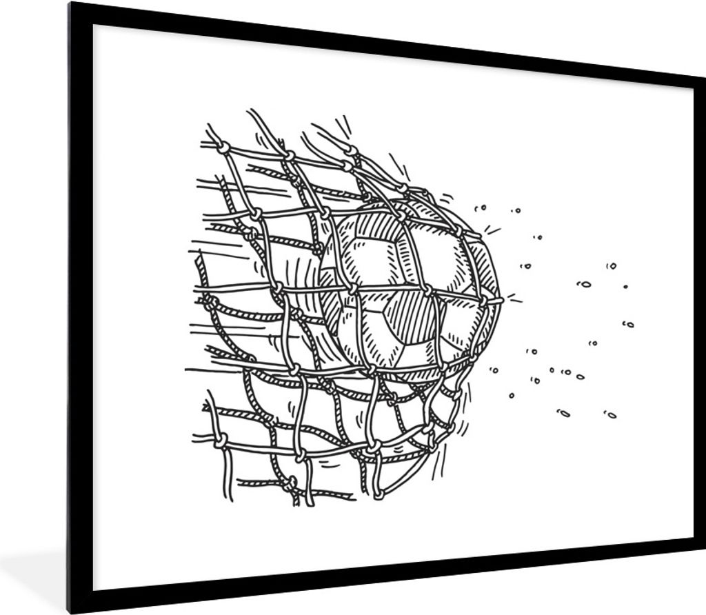 MuchoWow Gerahmtes Poster Eine Illustration eines Fußballschusses ins Tor - Jungen - Mädchen - Kinder 80x60 cm - Poster mit Schwarzem Bilderrah...