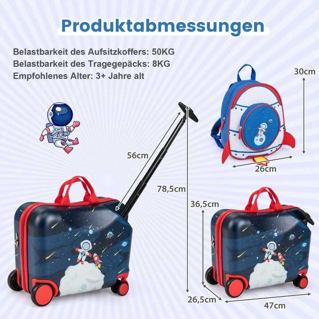 Valigia per bambini 2 pezzi + zaino Valigia cavalcabile lunga 47 cm e zaino largo 30 cm Astronauti 12"+18"
