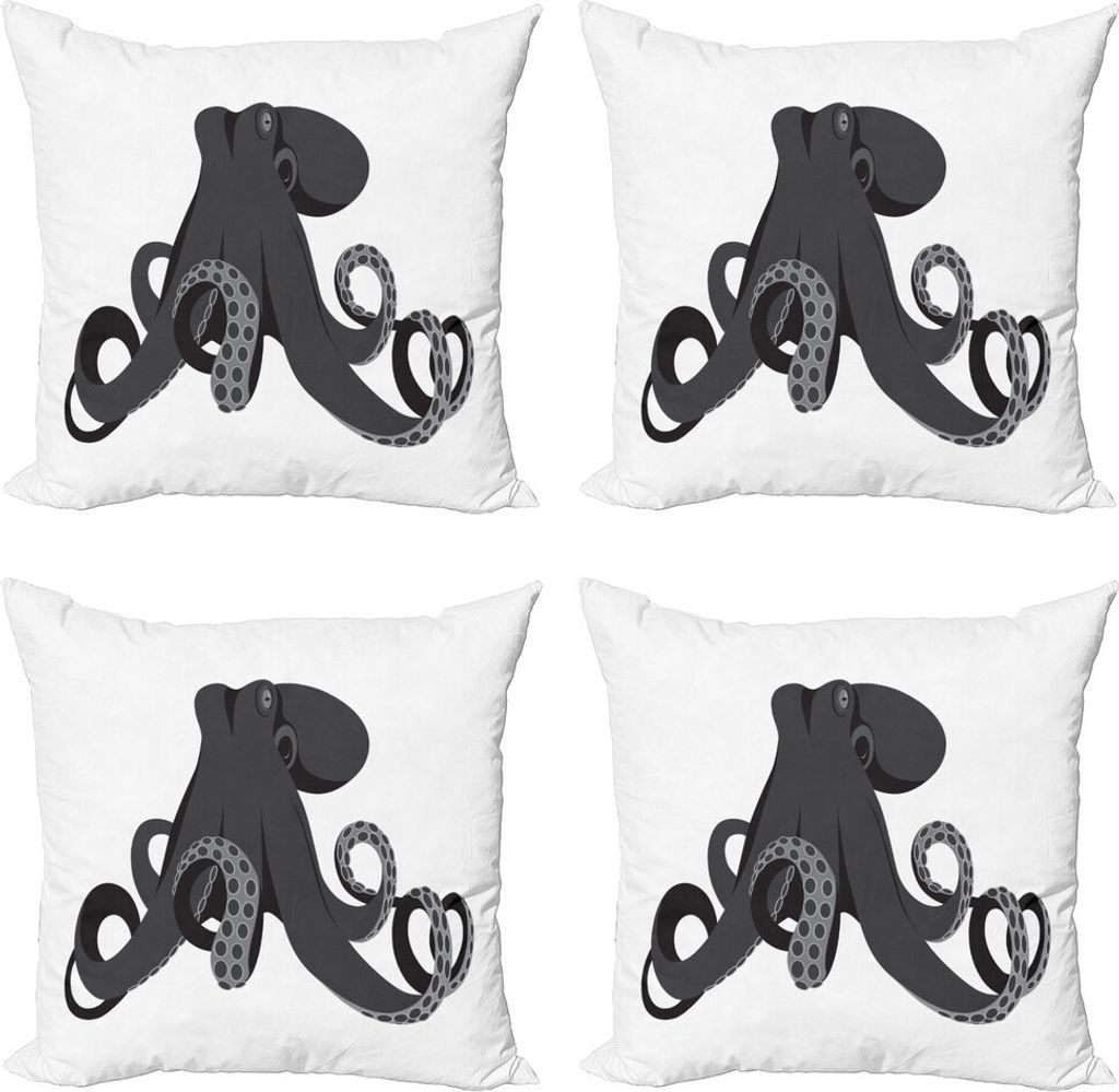 ABAKUHAUS Tintenfisch Kissenbezug Set (4 Stück), Monochrome-Art-Tier, Moderner Doppelseitiger Digitaldruck, 45 cm x 45 cm, Weiß und Dunkelgrau