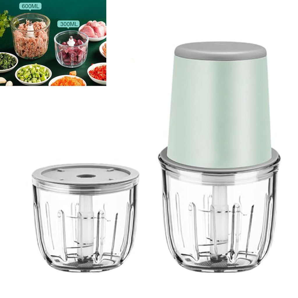 Gemüseschneider, 2 Glasschüsseln 300 ml und 600 ml,Zerkleinern und Pürieren von Gemüse, Obst und Fleisch, Aufladen Typ C