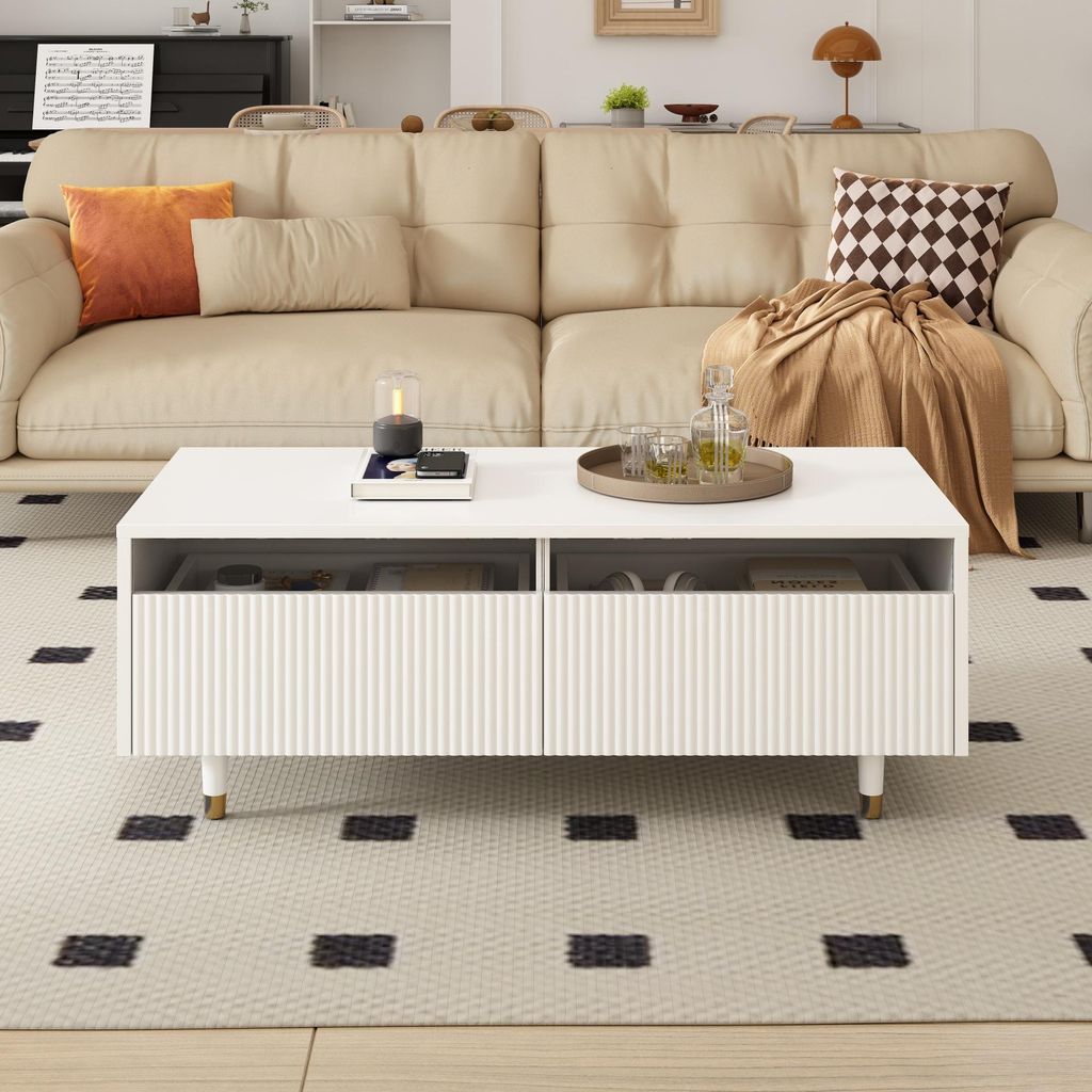 STILVORA Moderne Couchtisch mit gewellte Schubladenplatte und gold-weiße Beine,Kaffeetisch mit 2 Schubladen und farbwechselnden LED-Lichtstreifen,...