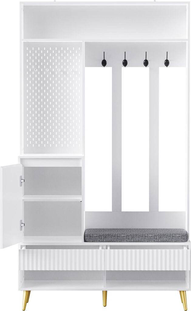 Garderoben-set, Wandgarderobe, Flurgarderobe Set mit Schuhbank, Garderoben Set mit 4 Kleiderhaken, zwei Schubladen und 1 Türen, 100 Lx35Bx180H cm