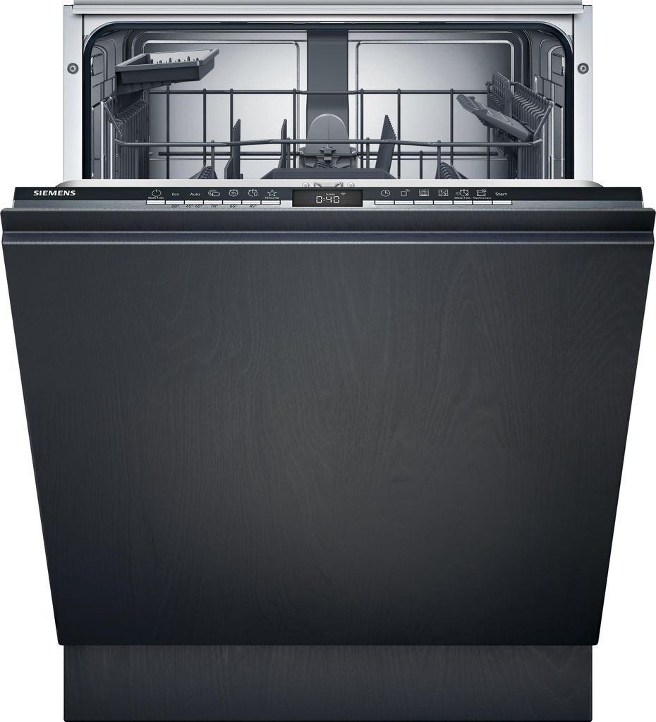 A front view of a black Siemens dishwasher with the door open, showing the interior racks and control panel.