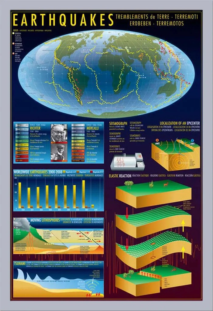 Poster Scientifique Séismes avec cadre MDF argenté Shinsuke® Maxi Argent