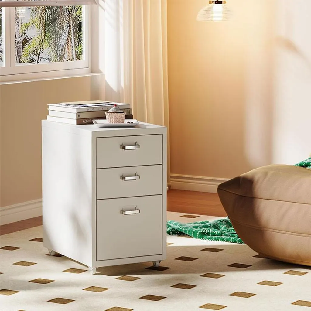 Caisson de rangement blanc sur roulettes avec 3 tiroirs de bureau