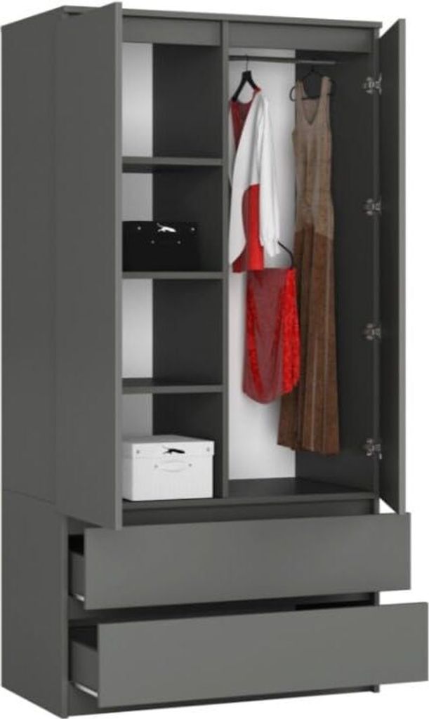 BDW, Kleiderschrank 2 Türen, 2 Schubladen, 180x90x51 cm, Garderobe, Grau