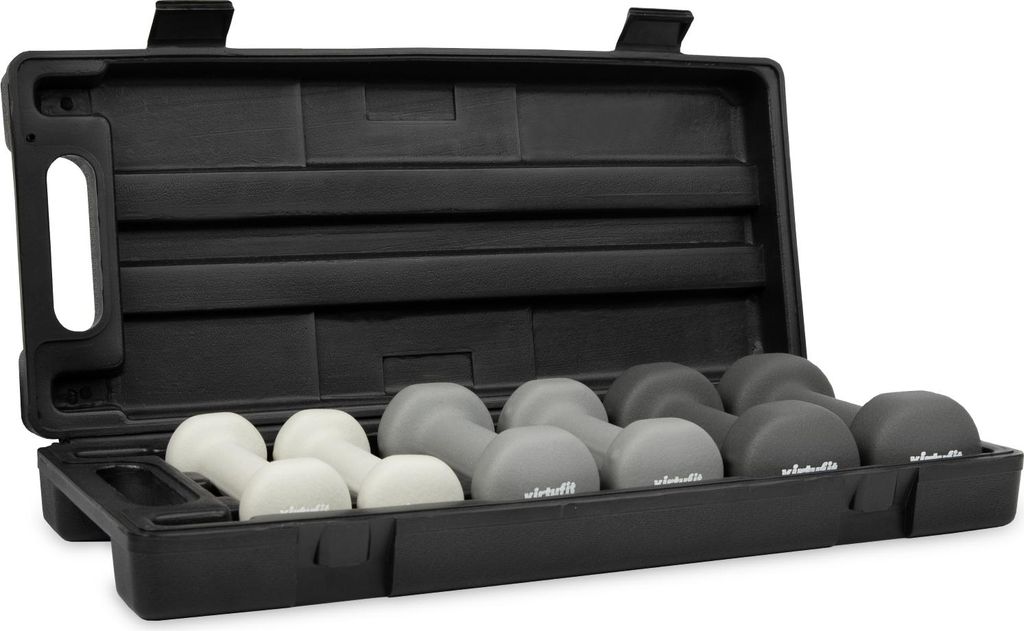 VirtuFit Vinyl Hantelset mit Koffer und Halter, 6 Hanteln 0,5-1,5 kg