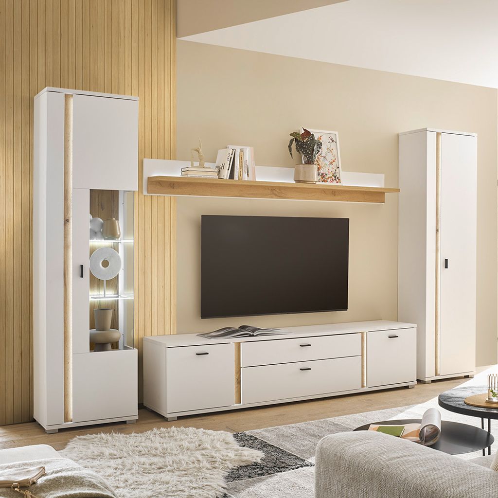 Wohnwand weiß mit Eiche LOVENO-61 Modern 4-teilig