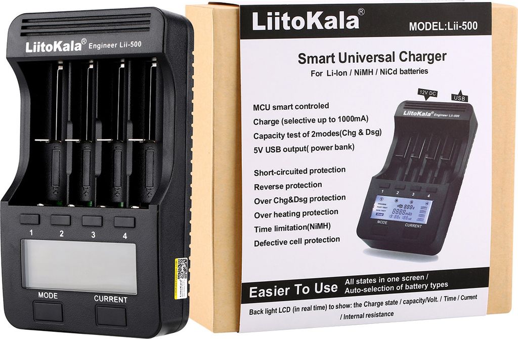 A product image showing a battery charger and its packaging.
