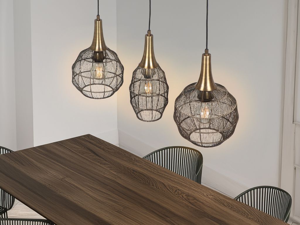 LED Balkenpendelleuchte Lampenschirme Draht über Esstisch 3-flammig, Breite 86cm