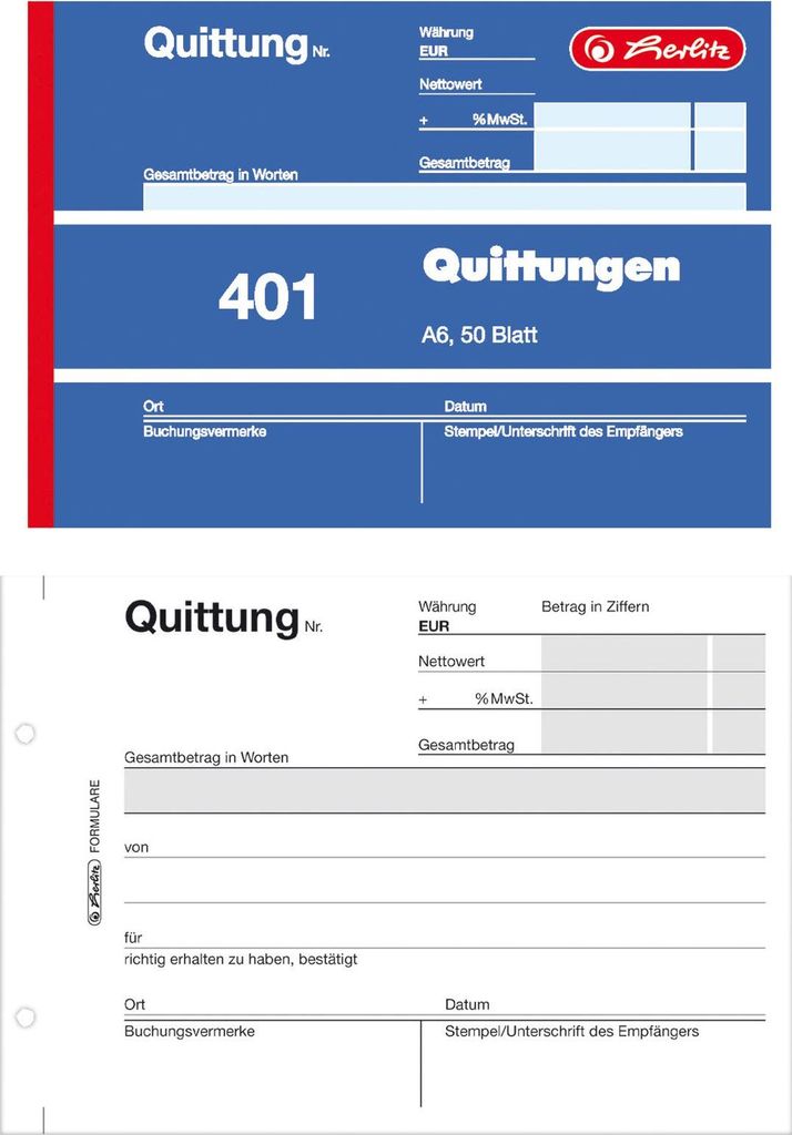 A top and bottom view of a German receipt form book.