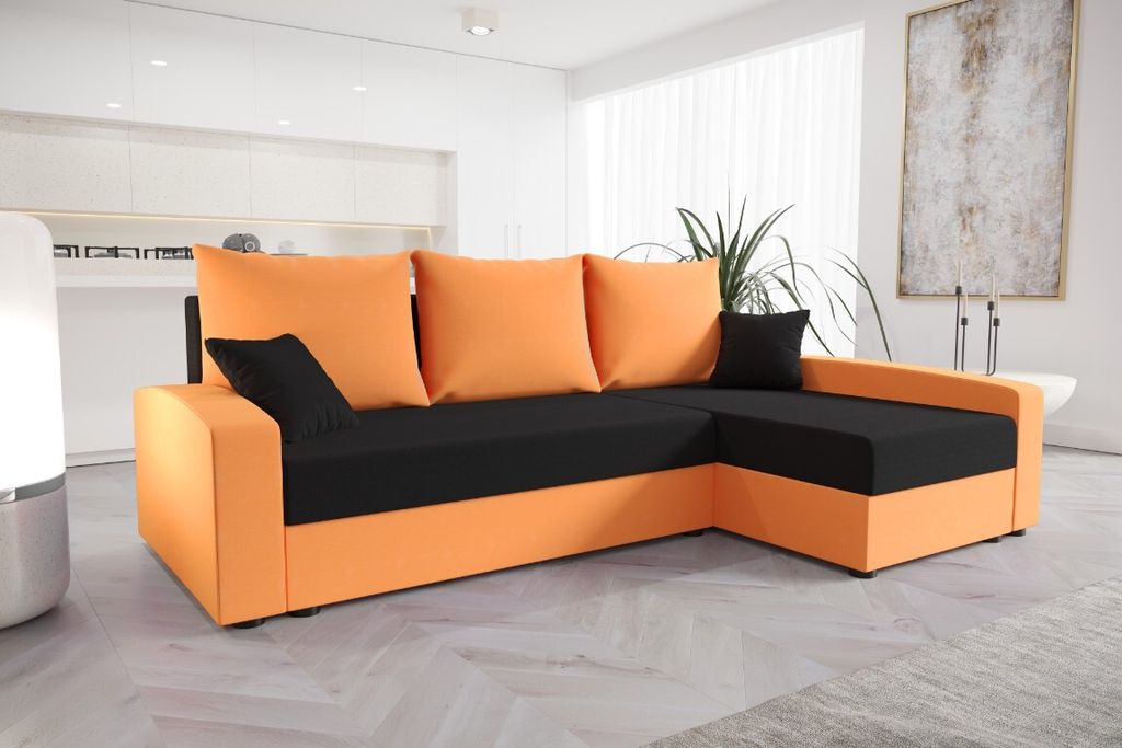 Roe Furniture | Sofa - Ecksofa 231 cm - CHIEVO - Schwarz und Orange - L-Form - Schlafsofa mit Stauraum - Modernes Design - Sofabett - Couch