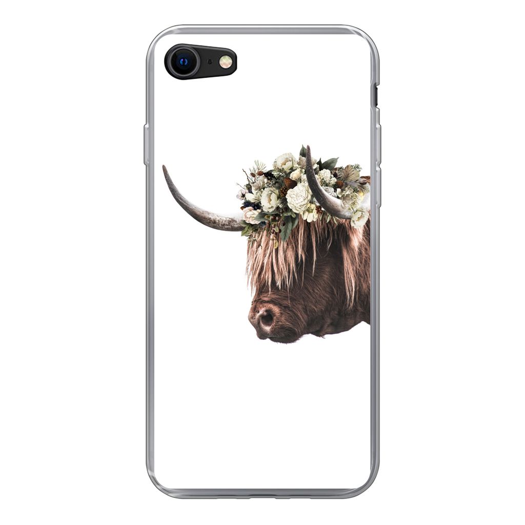 MuchoWow Handyhülle Schutzhülle Hülle für iPhone 8 Schottischer Highlander - Kuh - Rosen Silikon Softcase Handy Hülle - Schutzhaube