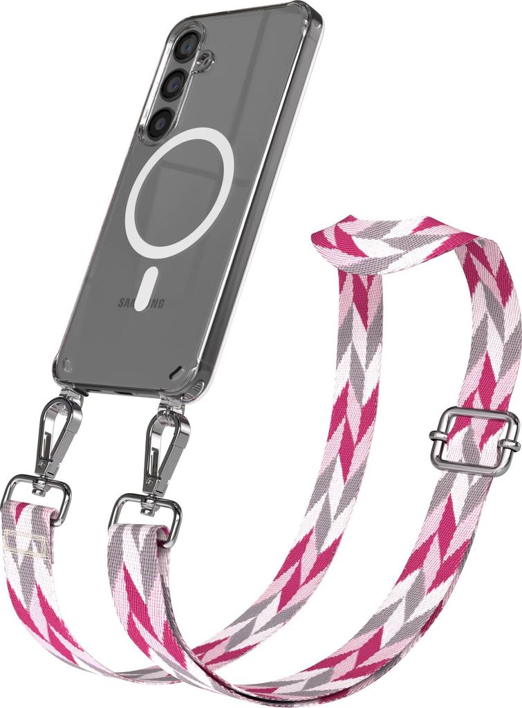 EAZY CASE - Handykette mit MagSafe Hülle für Samsung Galaxy S24, Handyband Mix Style, Karabiner Silber, Umhängeband in Rosa