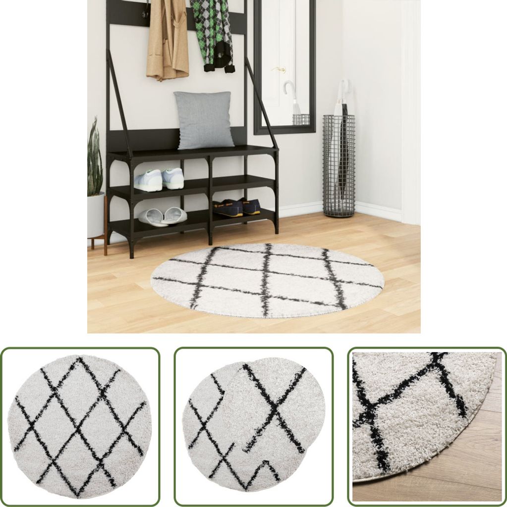 The Living Store Teppich Shaggy Hochflor Modern Creme und Schwarz Ø 100 cm