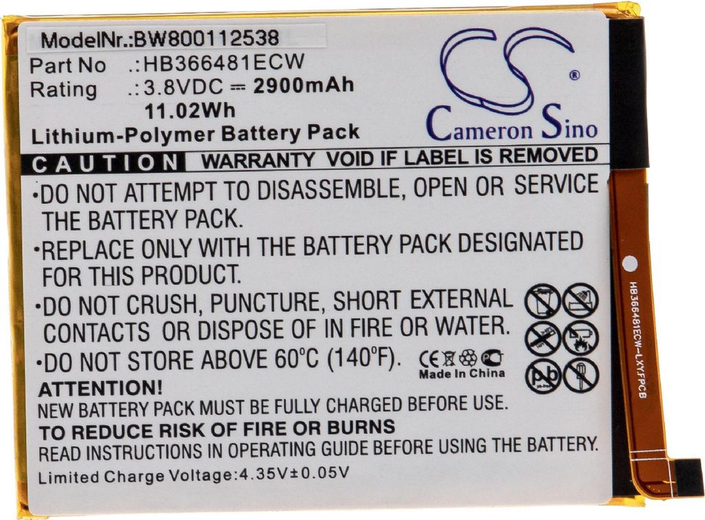 vhbw Akku Ersatz für Huawei HB366481ECW für Handy Smartphone Telefon (2900 mAh, 3,8 V, Li-Polymer)