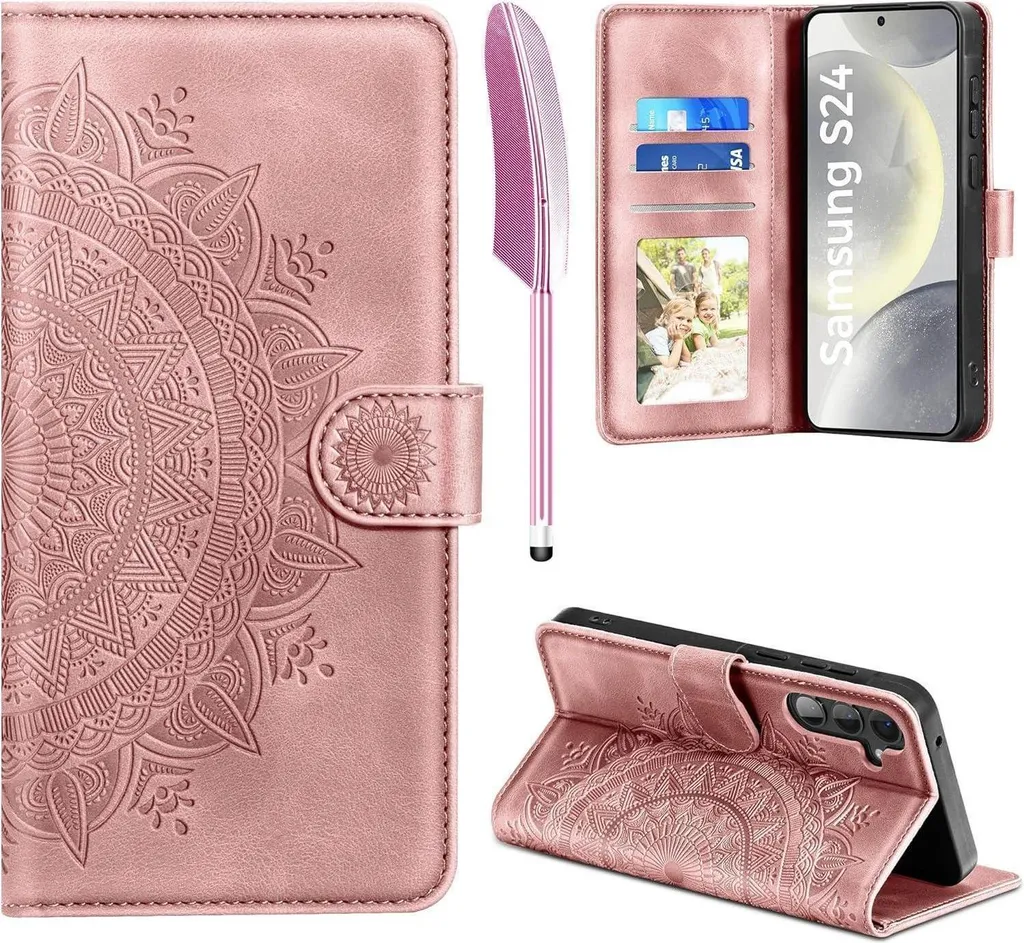 Custodia Samsung S24 5G in Pelle Rosa: Portafoglio con Stand e Chiusura