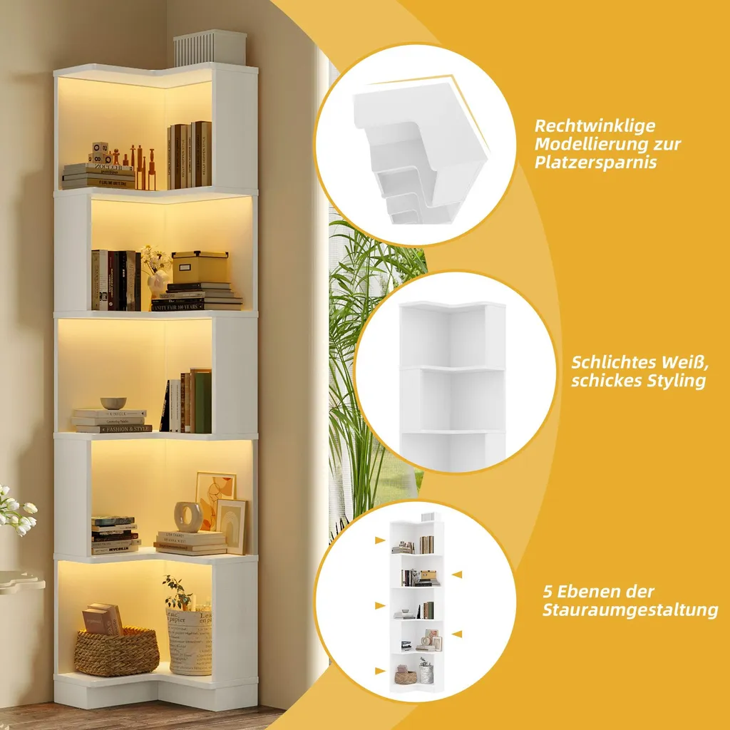Bibliothèque d'angle gain de place LED - Solution rangement L blanc chic - 10