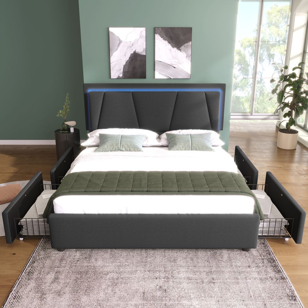 A modern bedroom with a bed and artwork on the wall.