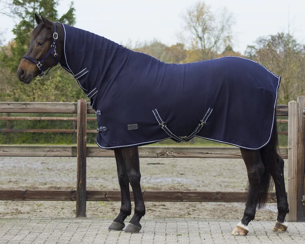 Coperta Pile Cavallo QHP17 con Collo Blu - Misura 195 per Post-Lavoro