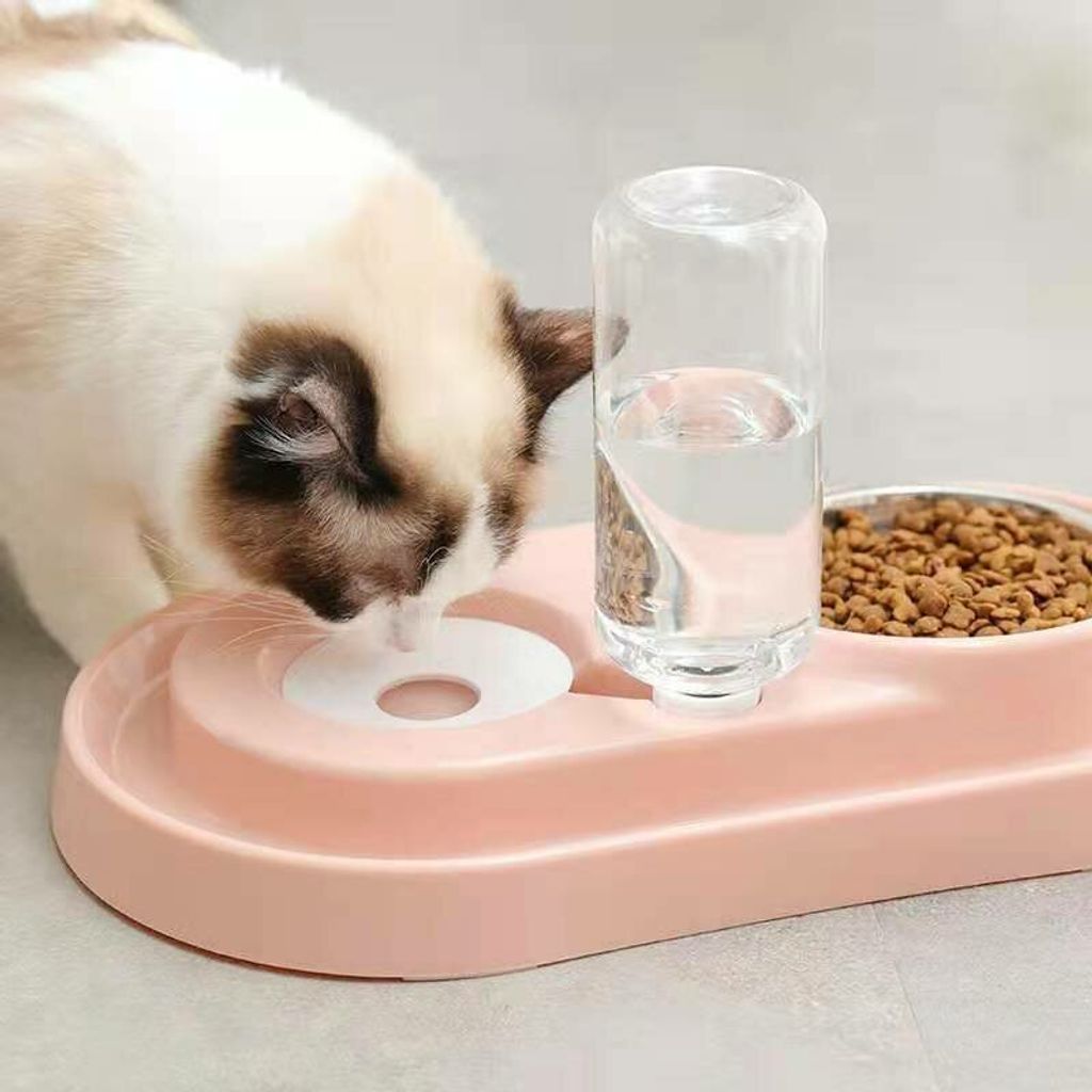 Pet Bowl Automatic Feeder Doppelschale Pet Wasserspender Multifunktional Pet Feeder mit Wasserflasche - Rosa
