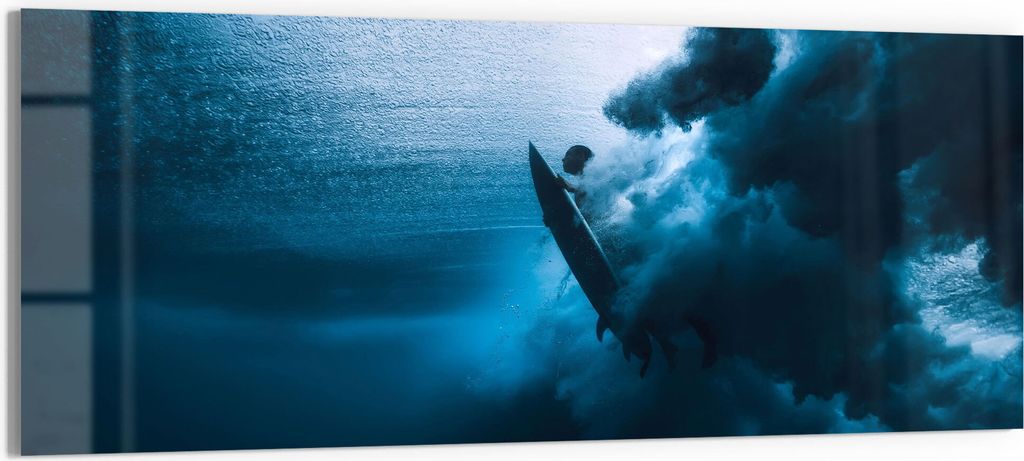 DEQORI Glasbild Echtglas 125x50 cm 'Surfer taucht Unterwasser' Wandbild Bild modern Deko