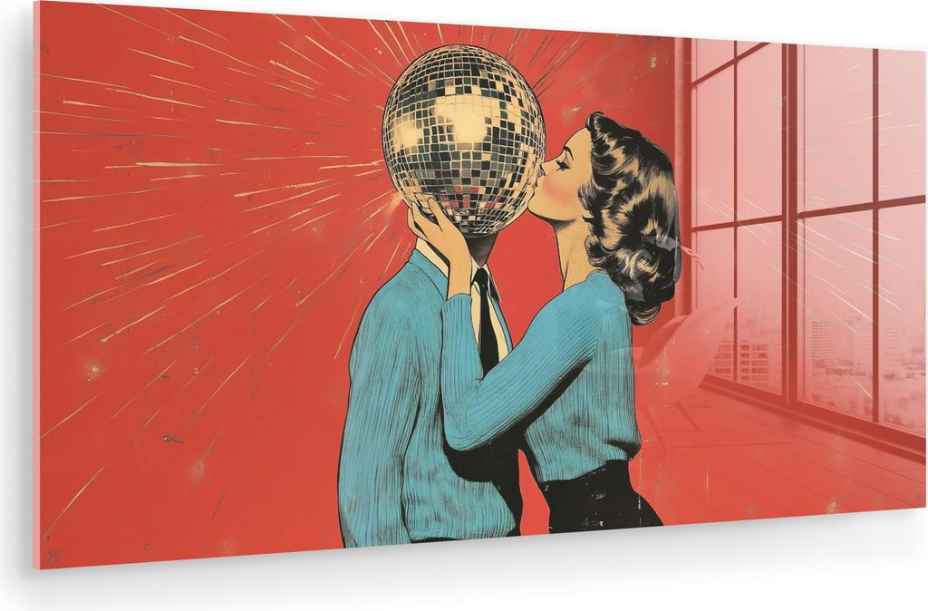 MuchoWow Glasbilder - Bilder auf Wandbild - Foto auf Glas Frau - Retro - Discokugel - Kuss 40x20 cm Wanddekoration aus Glas - Acrylglasbild - Acryl...